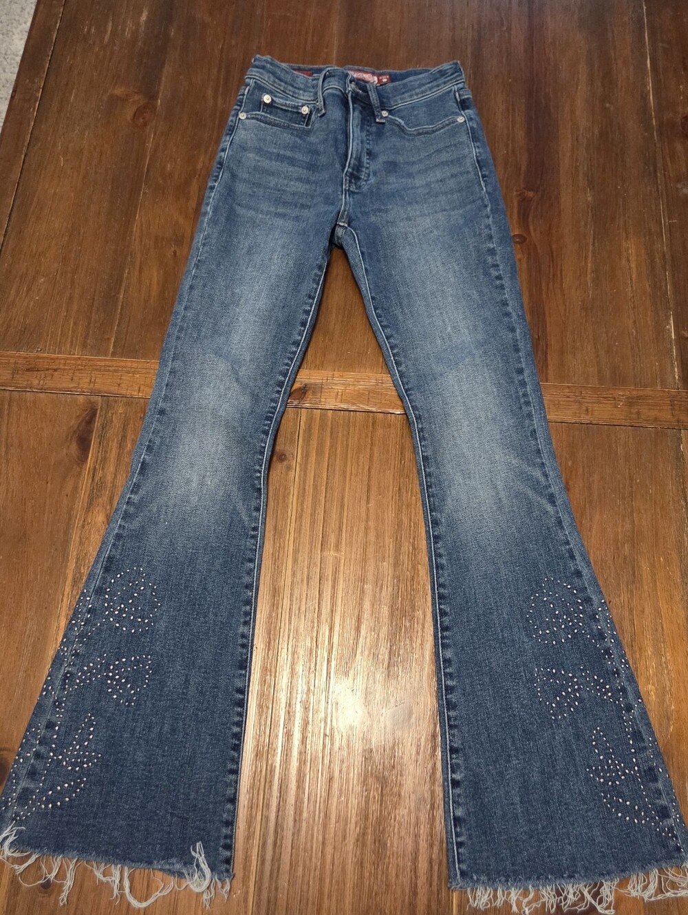 Lucky Brand Lucky Legend High Rise Stevie Flare Jeans Studded Raw Hem 25 Medium